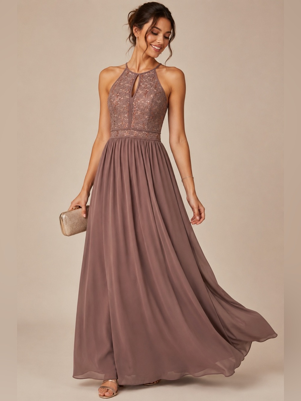 Nightway Mauve Sequin Lace Halter Maxi Dress Size 10 Prom Formal